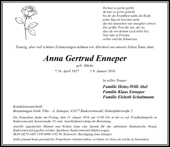 Traueranzeige von Anna Gertrud Enneper von Rheinische Post
