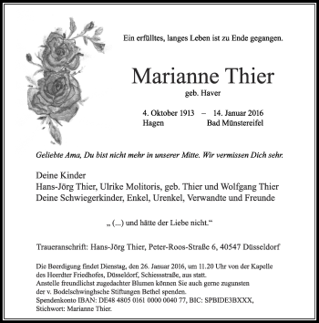 Traueranzeige von Marianne Thier von Rheinische Post