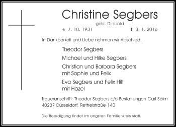 Traueranzeige von Christine Segbers von Rheinische Post