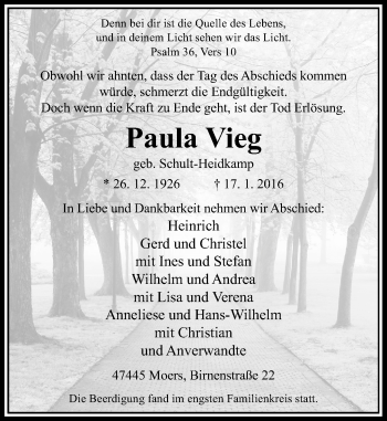 Traueranzeige von Paula Vieg von Rheinische Post