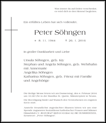 Traueranzeige von Peter Söhngen von Rheinische Post