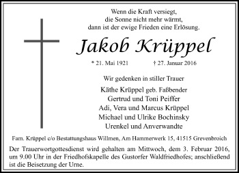 Traueranzeige von Jakob Krüppel von Rheinische Post