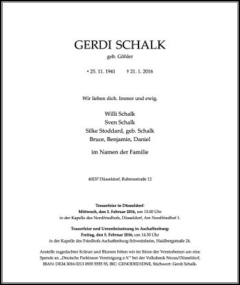 Traueranzeige von Gerdi Schalk von Rheinische Post