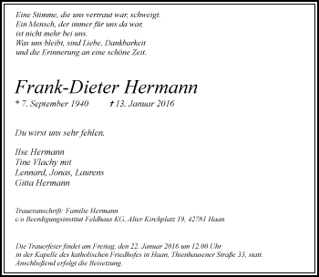 Traueranzeige von Frank-Dieter Hermann von Rheinische Post