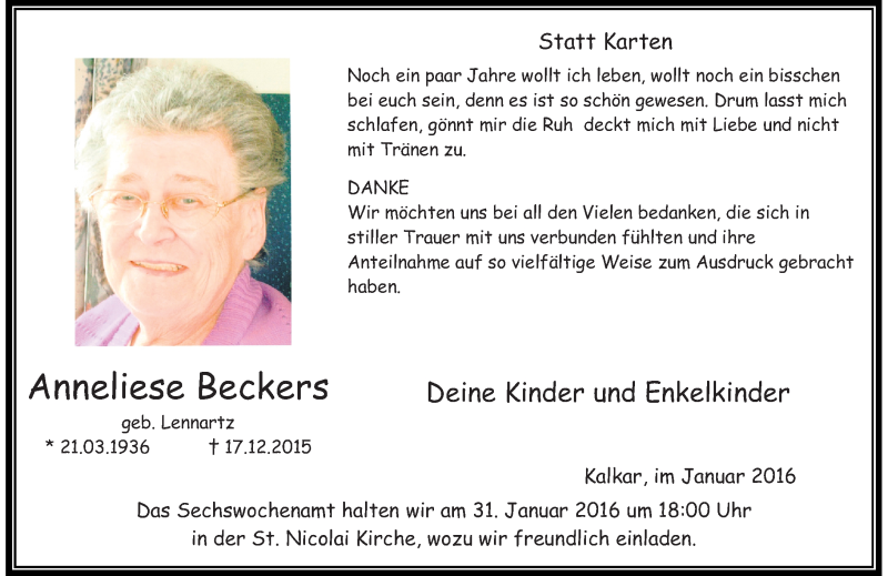  Traueranzeige für Anneliese Beckers vom 23.01.2016 aus Rheinische Post