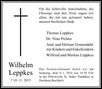 Traueranzeige von Wilhelm Leppkes von Rheinische Post