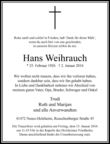 Traueranzeige von Hans Weihrauch von Rheinische Post