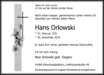 Traueranzeige von Hans Orlowski von Rheinische Post