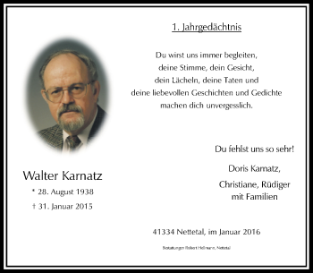 Traueranzeige von Walter Karnatz von Rheinische Post