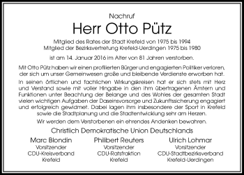 Traueranzeige von Otto Pütz von Rheinische Post