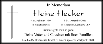 Traueranzeige von Heinz Hecker von Rheinische Post