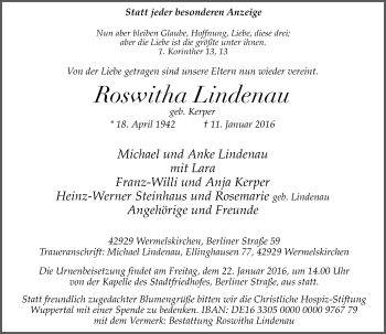 Traueranzeige von Roswitha Lindenau von Rheinische Post