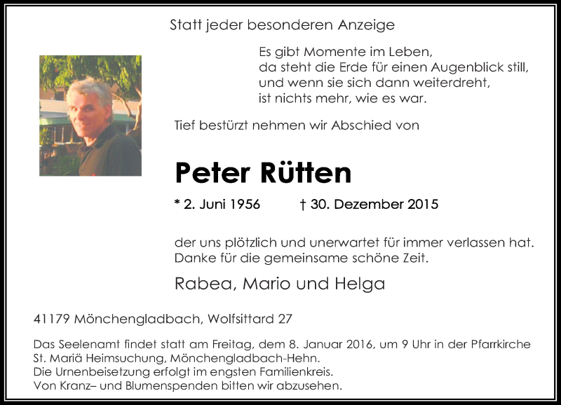  Traueranzeige für Peter Rütten vom 05.01.2016 aus Rheinische Post