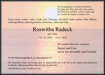 Traueranzeige von Roswitha Radeck von Rheinische Post