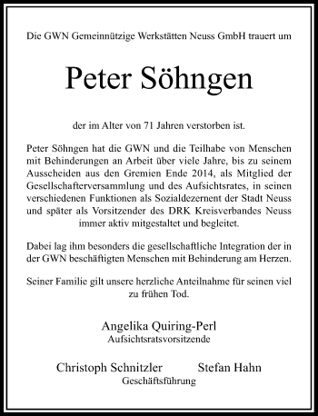 Traueranzeige von Peter Söhngen von Rheinische Post