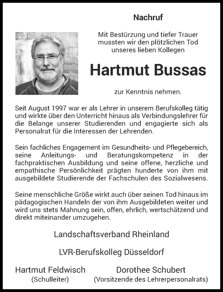  Traueranzeige für Hartmut Bussas vom 09.01.2016 aus Rheinische Post