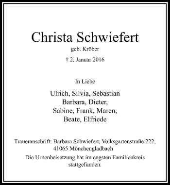 Traueranzeige von Christa Schwiefert von Rheinische Post
