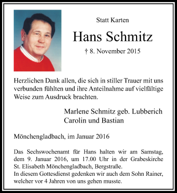 Traueranzeige von Hans Schmitz von Rheinische Post