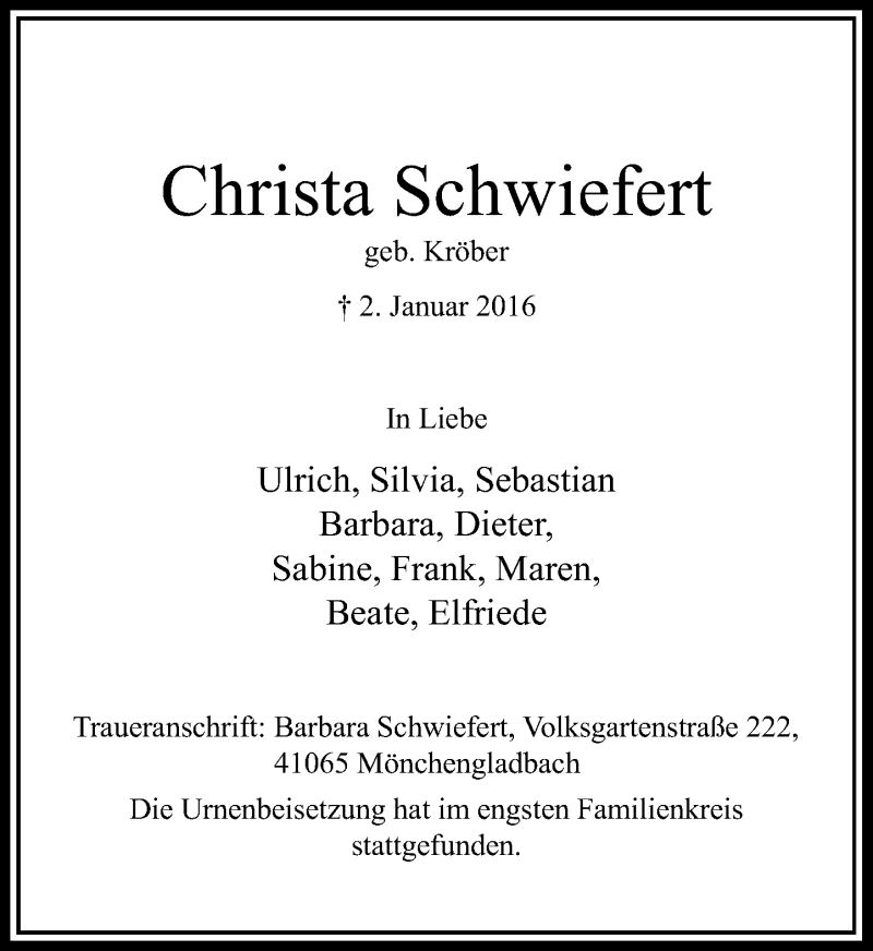  Traueranzeige für Christa Schwiefert vom 09.01.2016 aus Rheinische Post