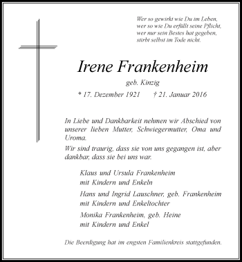 Traueranzeige von Irene Frankenheim von Rheinische Post