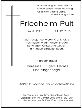 Traueranzeige von Friedhelm Pult von Rheinische Post