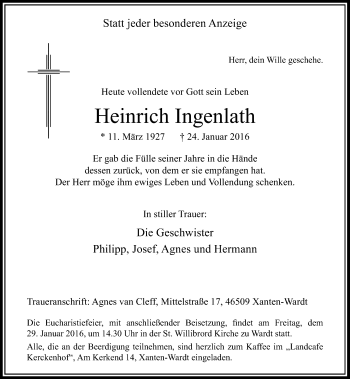 Traueranzeige von Heinrich Ingenlath von Rheinische Post