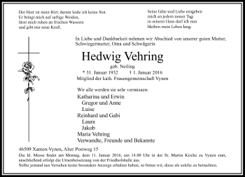 Traueranzeige von Hedwig Vehring von Rheinische Post