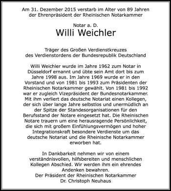 Traueranzeige von Willi Weichler von Rheinische Post
