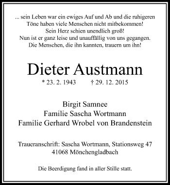 Traueranzeige von Dieter Austmann von Rheinische Post