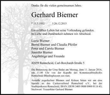 Traueranzeige von Gerhard Biemer von Rheinische Post