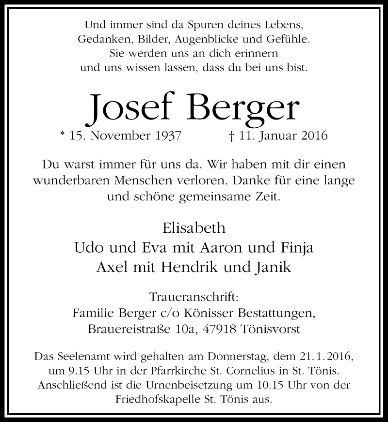  Traueranzeige für Josef Berger vom 16.01.2016 aus Rheinische Post