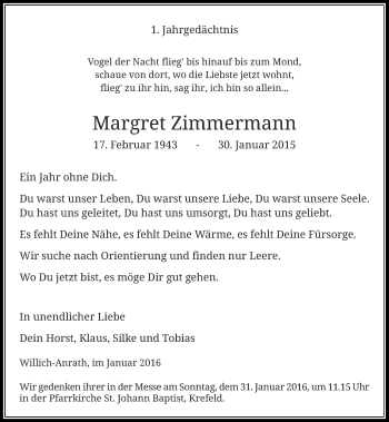 Traueranzeige von Margret Zimmermann von Rheinische Post