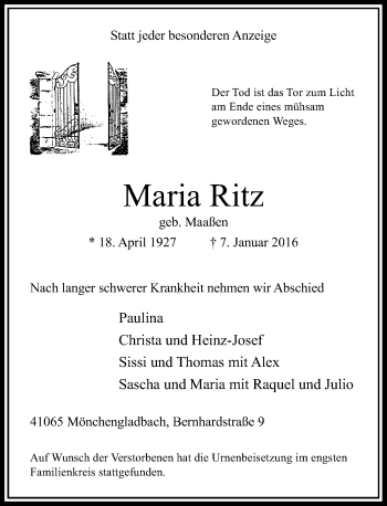 Traueranzeige von Maria Ritz von Rheinische Post