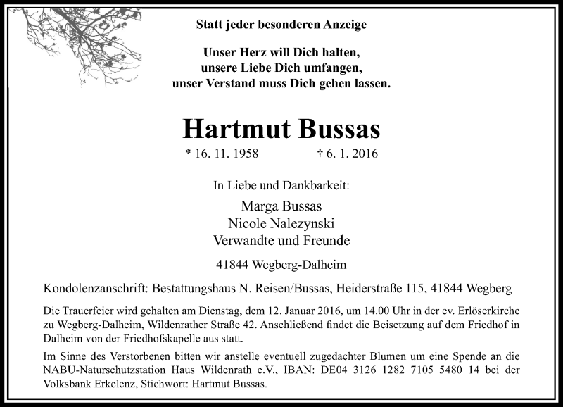  Traueranzeige für Hartmut Bussas vom 09.01.2016 aus Rheinische Post