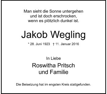 Traueranzeige von Jakob Wegling von Rheinische Post