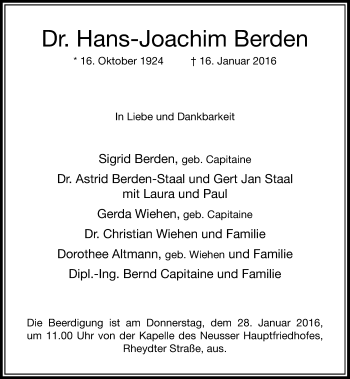 Traueranzeige von Hans-Joachim Berden von Rheinische Post