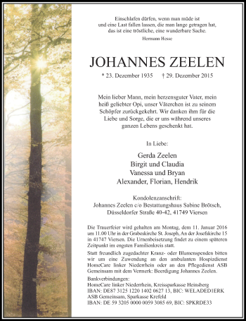 Traueranzeige von Johannes Zeelen von Rheinische Post