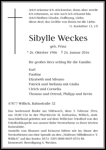 Traueranzeige von Sibylle Weckes von Rheinische Post