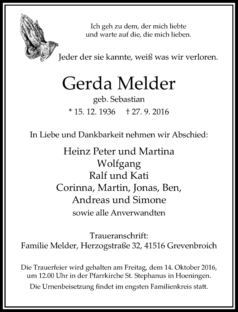  Traueranzeige für Gerda Melder vom 11.10.2016 aus Rheinische Post