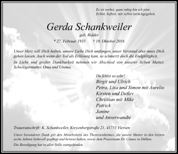 Traueranzeige von Gerda Schankweiler von Rheinische Post