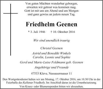 Traueranzeige von Friedhelm Geenen von Rheinische Post