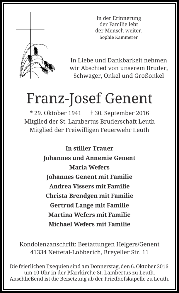  Traueranzeige für Franz-Josef Genent vom 03.10.2016 aus Rheinische Post