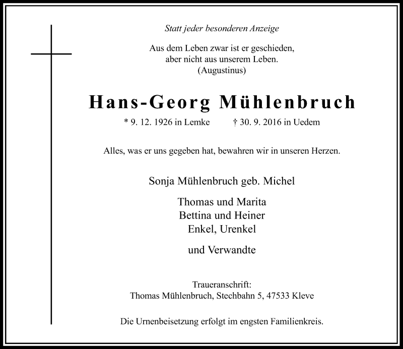 Traueranzeige für Hans-Georg Mühlenbruch vom 08.10.2016 aus Rheinische Post