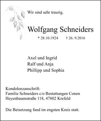 Traueranzeige von Wolfgang Schneiders von Rheinische Post