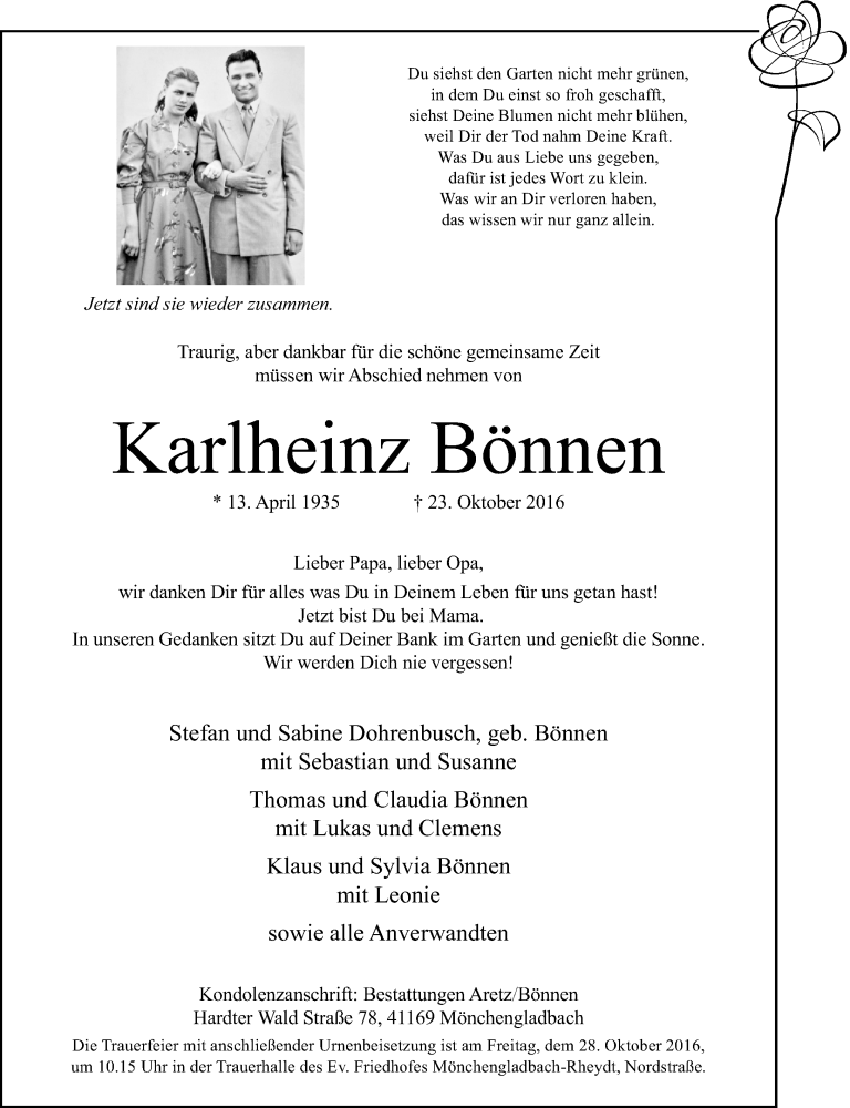  Traueranzeige für Karlheinz Bönnen vom 26.10.2016 aus Rheinische Post