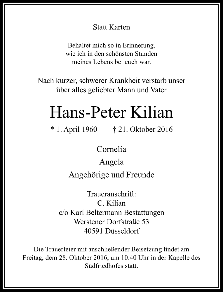  Traueranzeige für Hans-Peter Kilian vom 26.10.2016 aus Rheinische Post