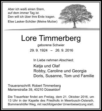 Traueranzeige von Lore Timmerberg von Rheinische Post