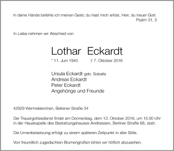 Traueranzeige von Lothar Eckardt von Rheinische Post