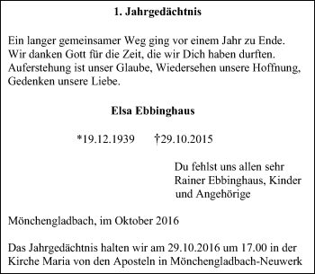 Traueranzeige von Elsa Ebbinghaus von Rheinische Post