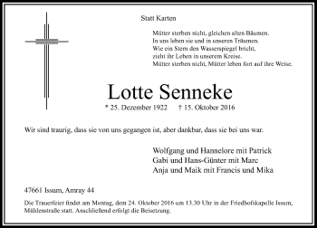 Traueranzeige von Lotte Senneke von Rheinische Post